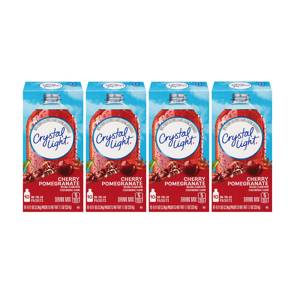 Crystal Light On-The-Go front box showing Cherry Pomegranate flavor and count, convenient packaging benefit