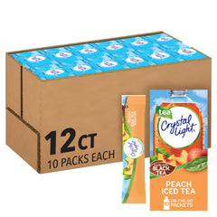 Crystal Light front packaging showing peach iced tea singles and convenience