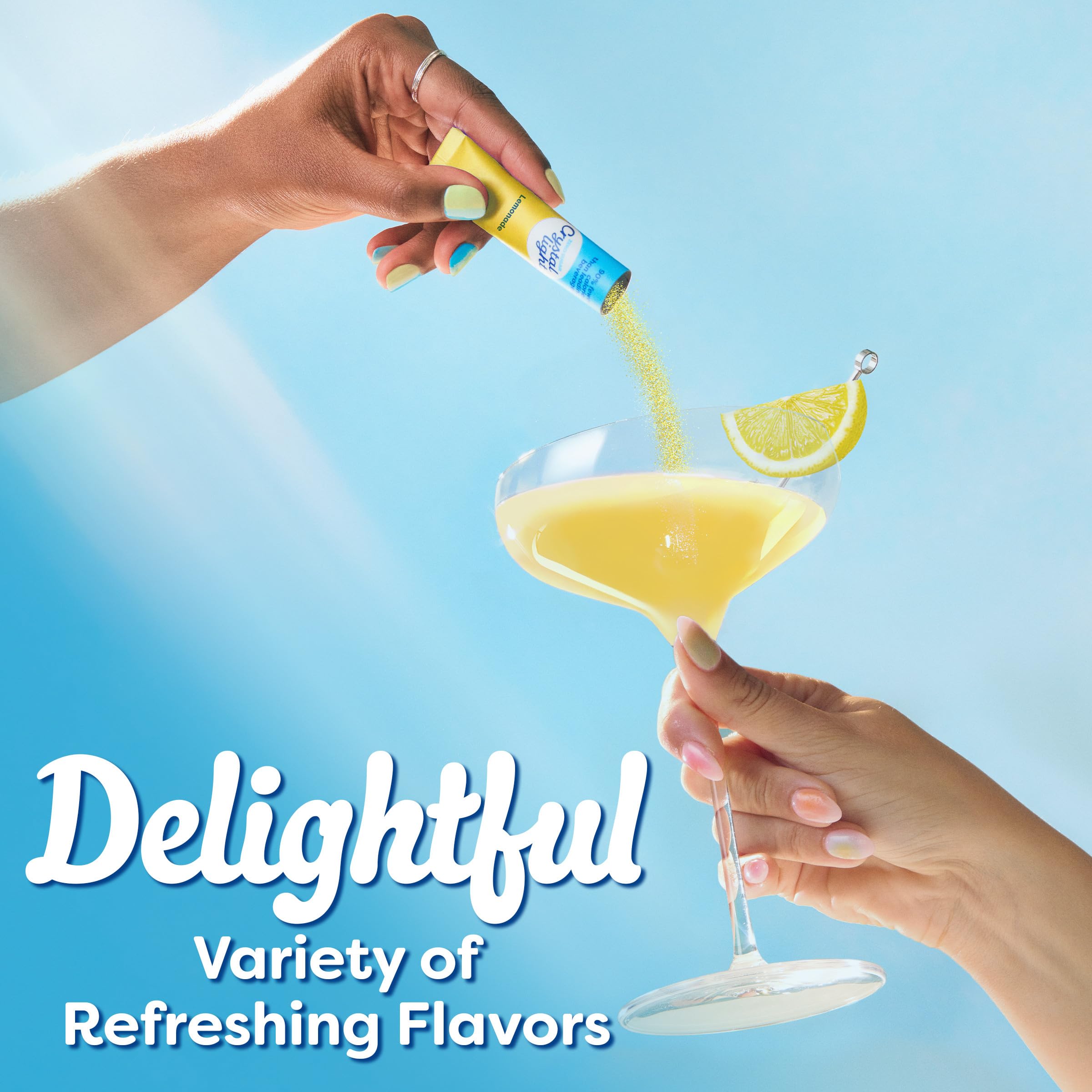 Crystal Light peach iced tea being poured to show refreshing low-calorie taste