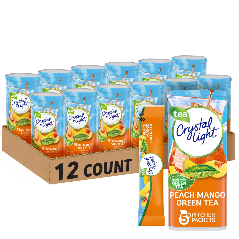 Crystal Light front packaging showing Peach Mango Green Tea and 60 packets benefit convenience