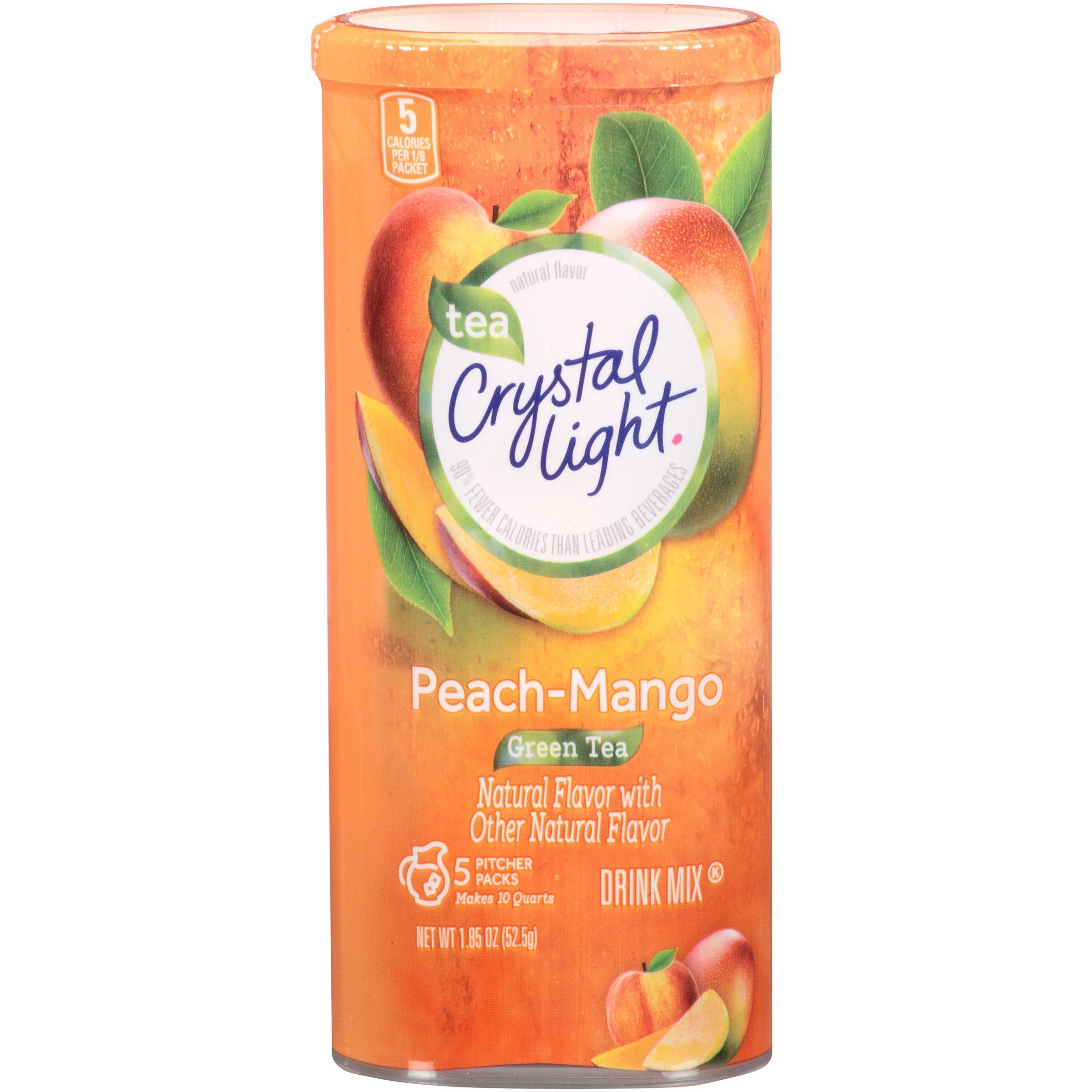Clear pitcher of Crystal Light Peach Mango Green Tea over ice showcasing refreshing taste