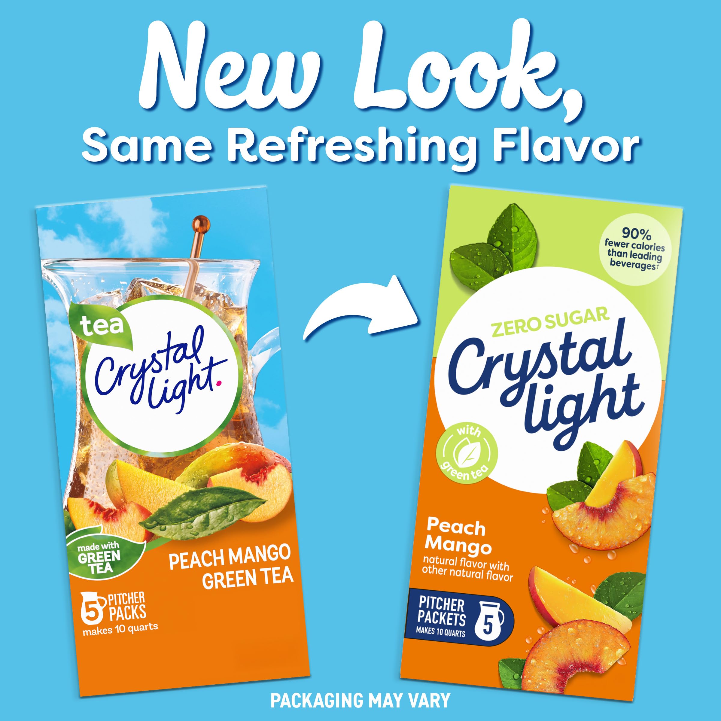 Glass of Crystal Light Peach Mango Green Tea on table showing easy serve and appealing color