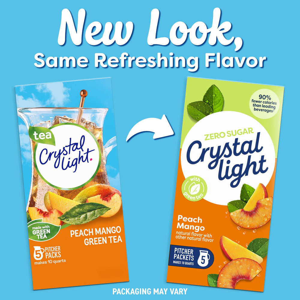 Glass of Crystal Light Peach Mango Green Tea on table showing easy serve and appealing color