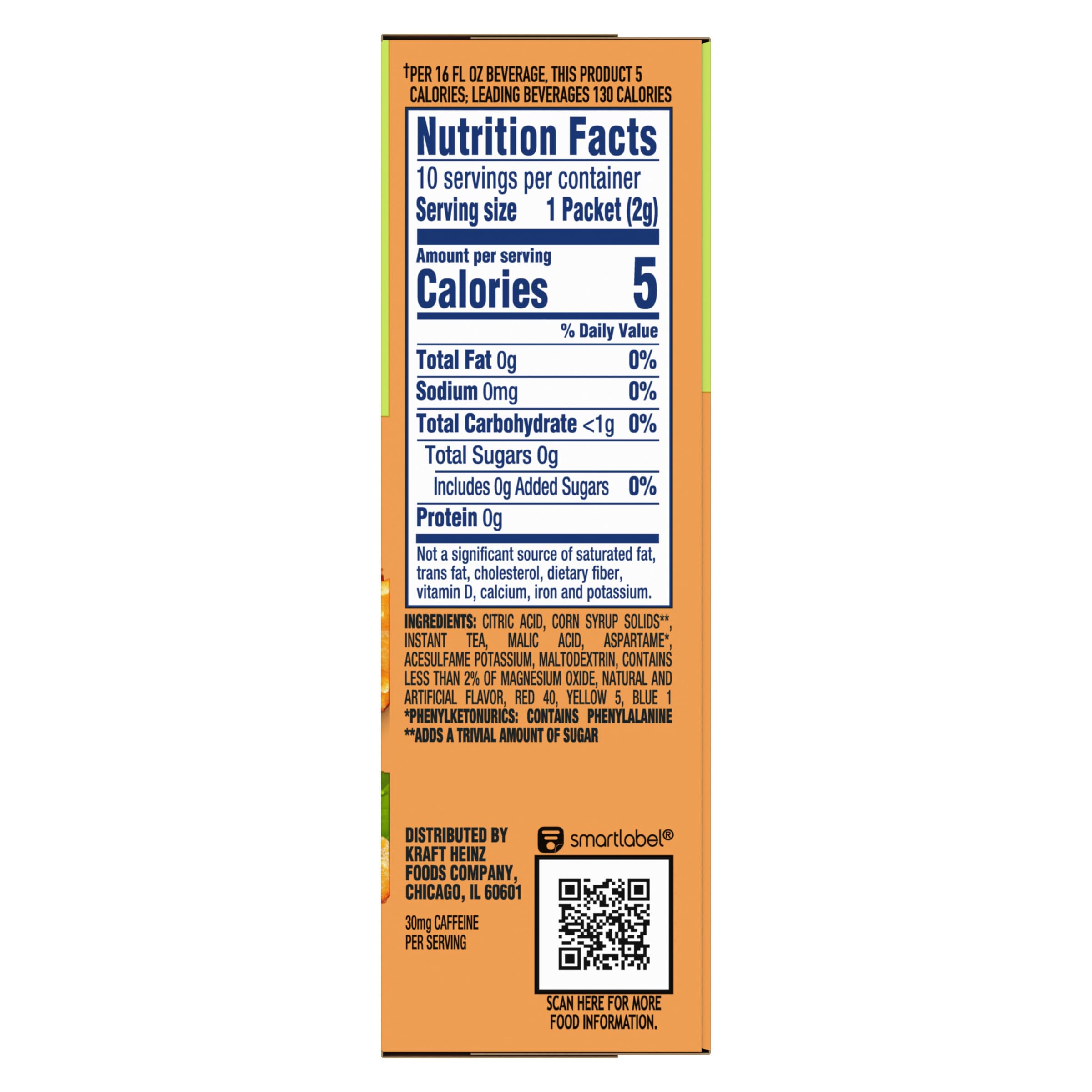Crystal Light nutrition label close-up showing low calories and zero sugar info