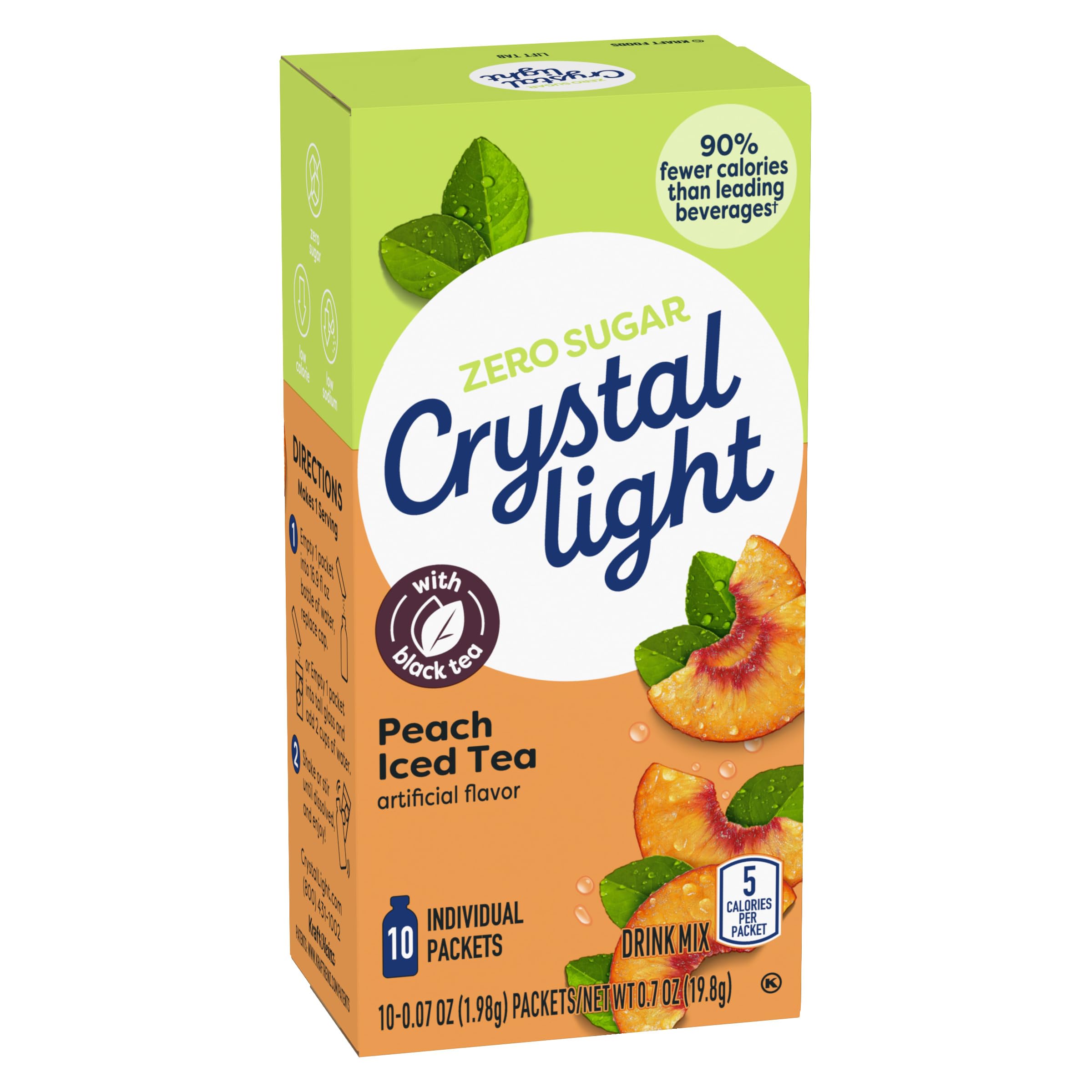 Crystal Light peach iced tea poured over ice showing cold refreshing beverage