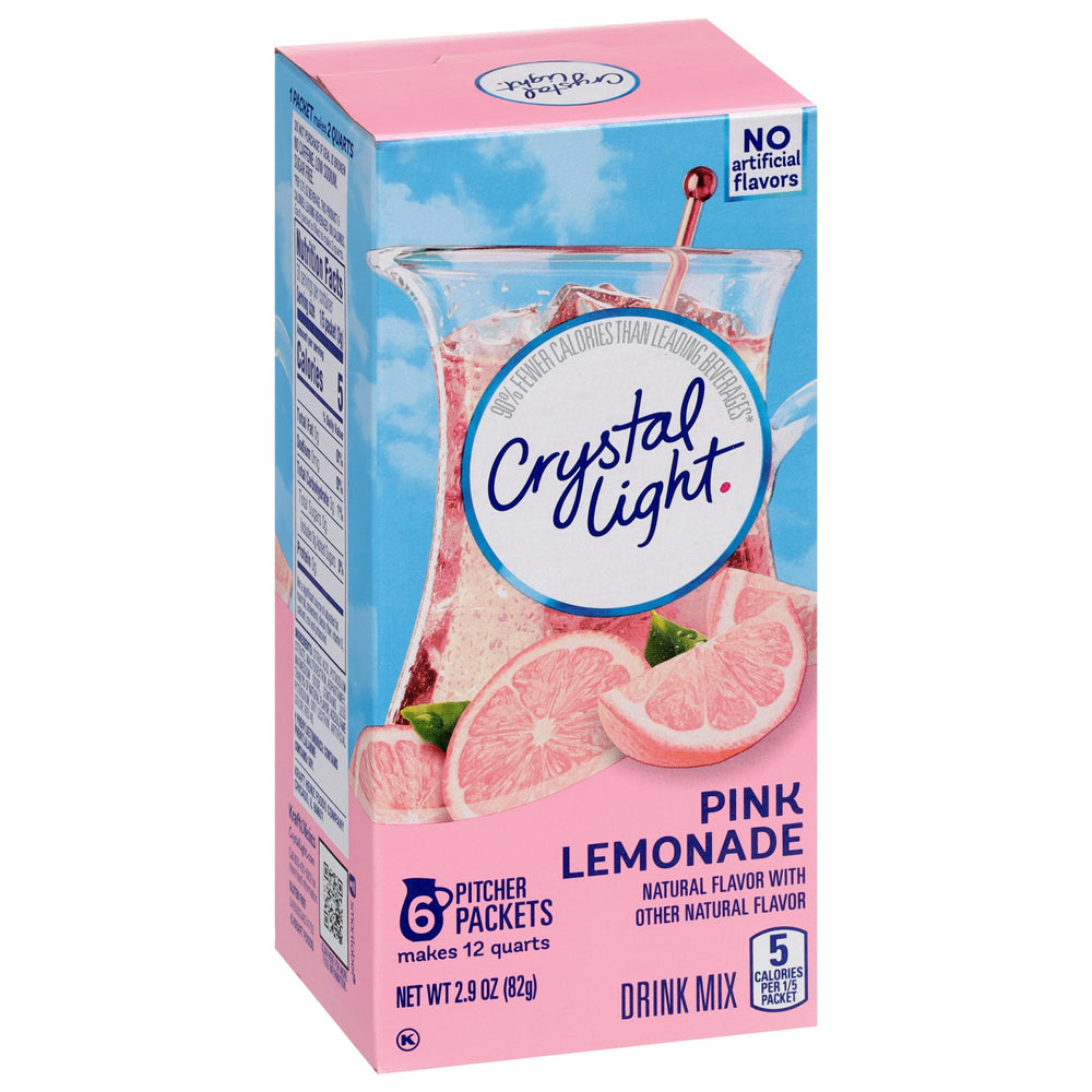 Crystal Light front packaging showing 72 pink lemonade packets and convenience