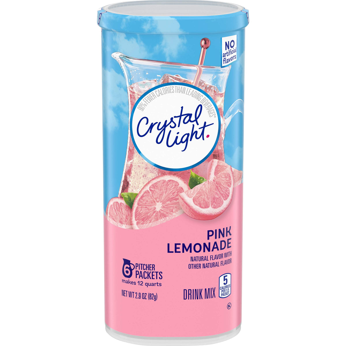 Crystal Light pink lemonade front packet showing branding and flavor benefits