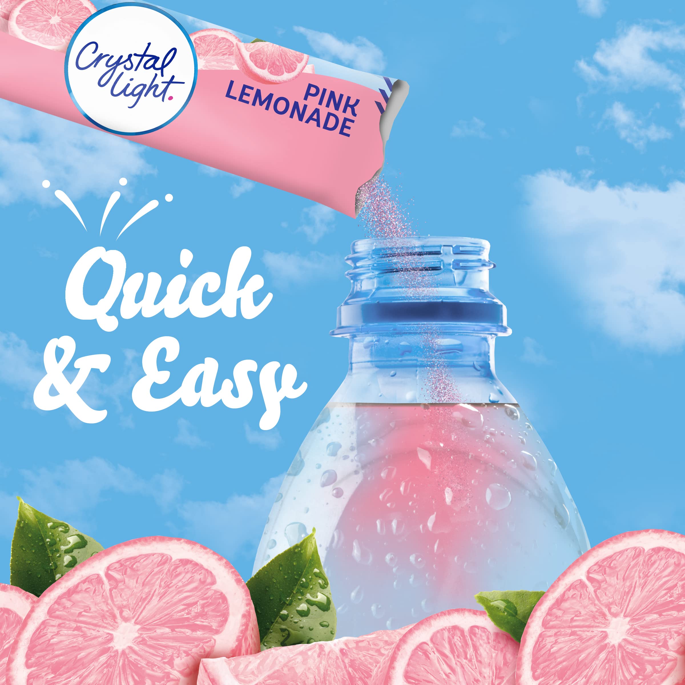Crystal Light powder mixed in bottle, delivers bright lemonade flavor instantly