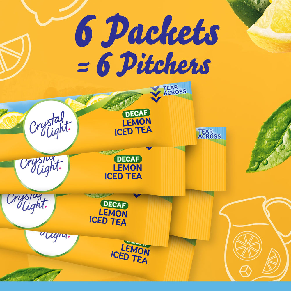 Pouring Crystal Light decaf lemon iced tea into a glass for quick serving
