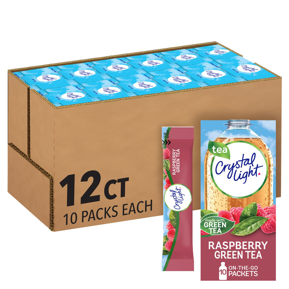 Crystal Light front packaging showing raspberry green tea and 120 packets benefit of convenience