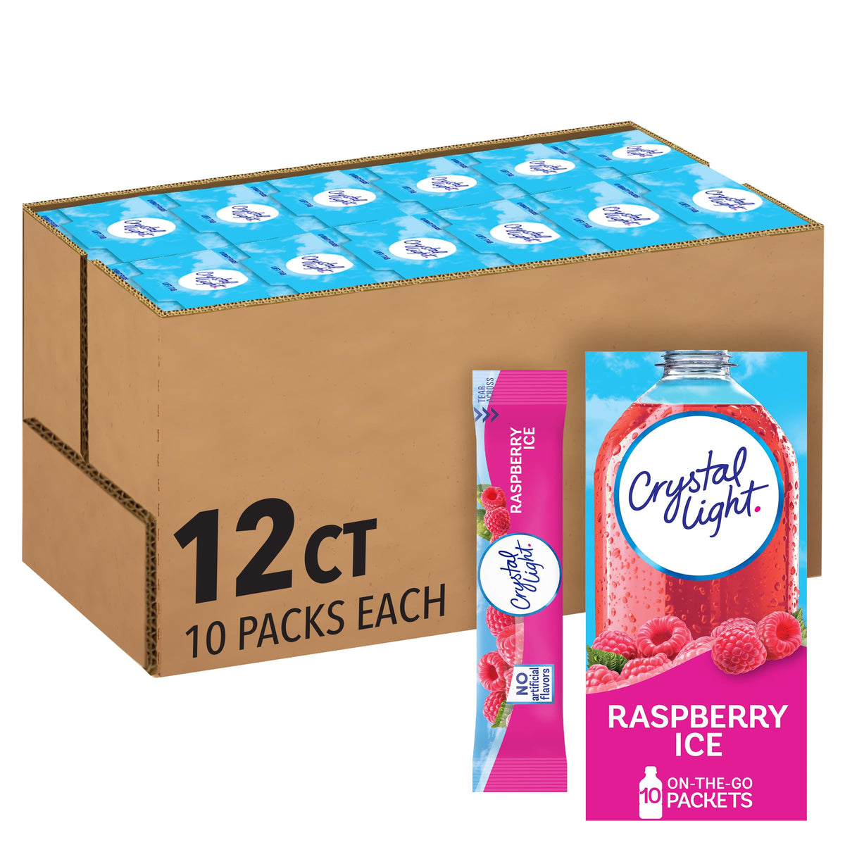 Crystal Light front box showing raspberry flavor and packet count for quick selection