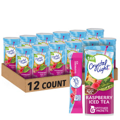 Crystal Light front packaging showing raspberry iced tea mix and quantity for easy stocking