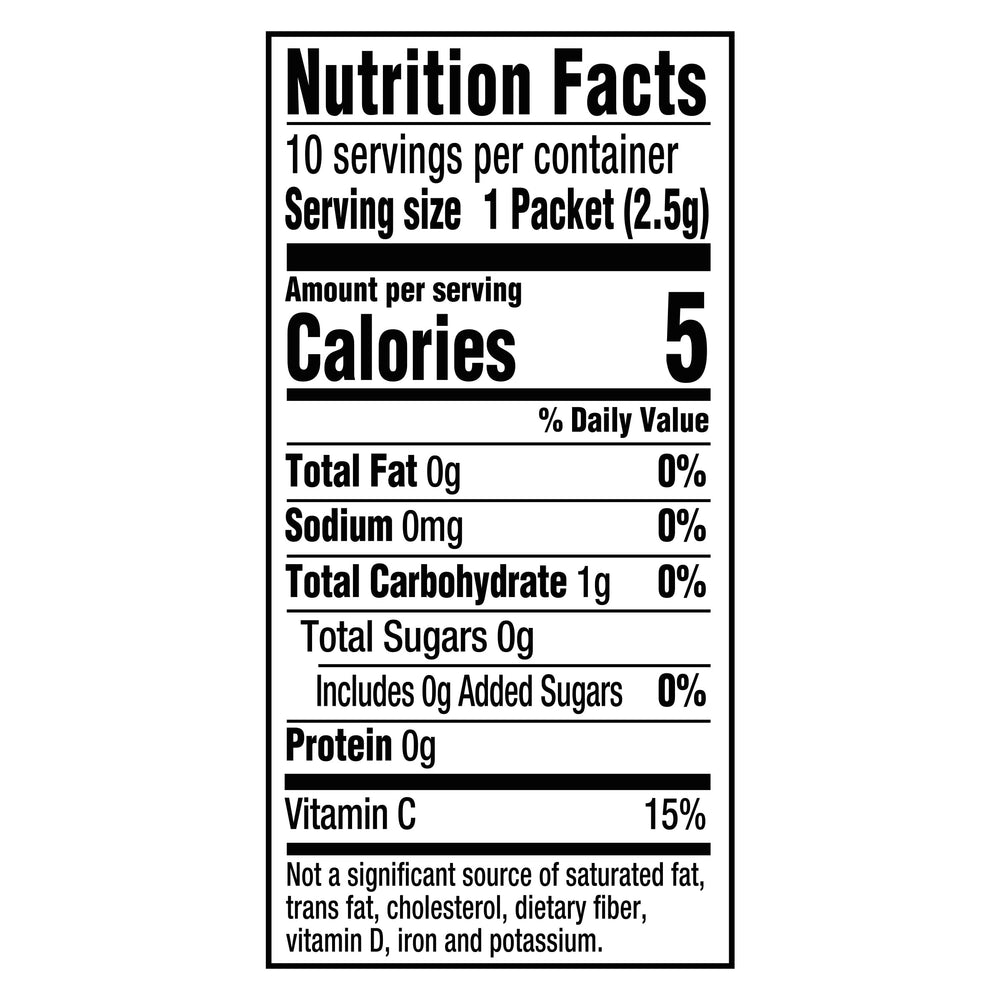 Crystal Light serving size beside water bottle, brand clarifying mix-to-water ratio