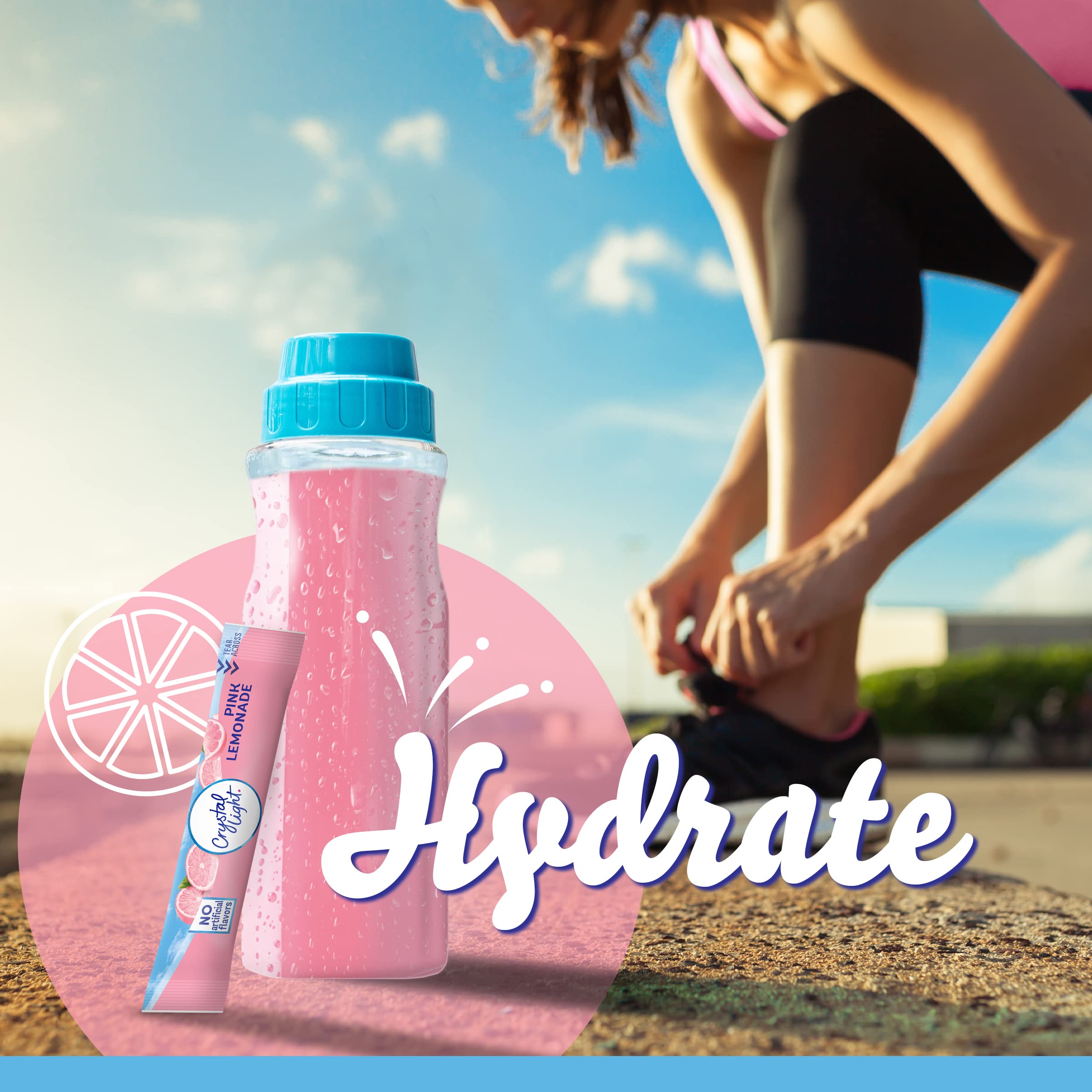 Crystal Light packet next to a 16.9 oz bottle demonstrating portion and size