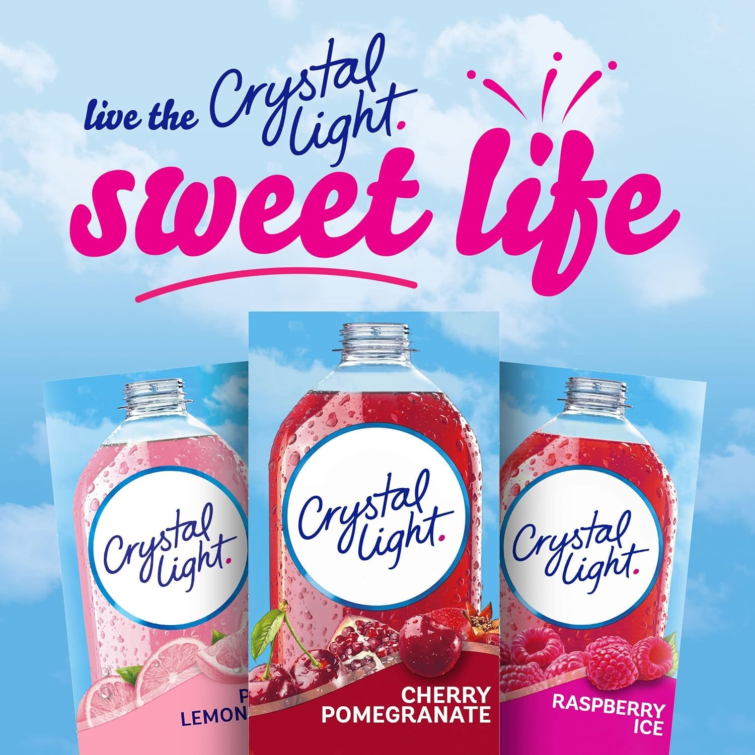 Crystal Light packet beside standard water bottle showing proper serving size
