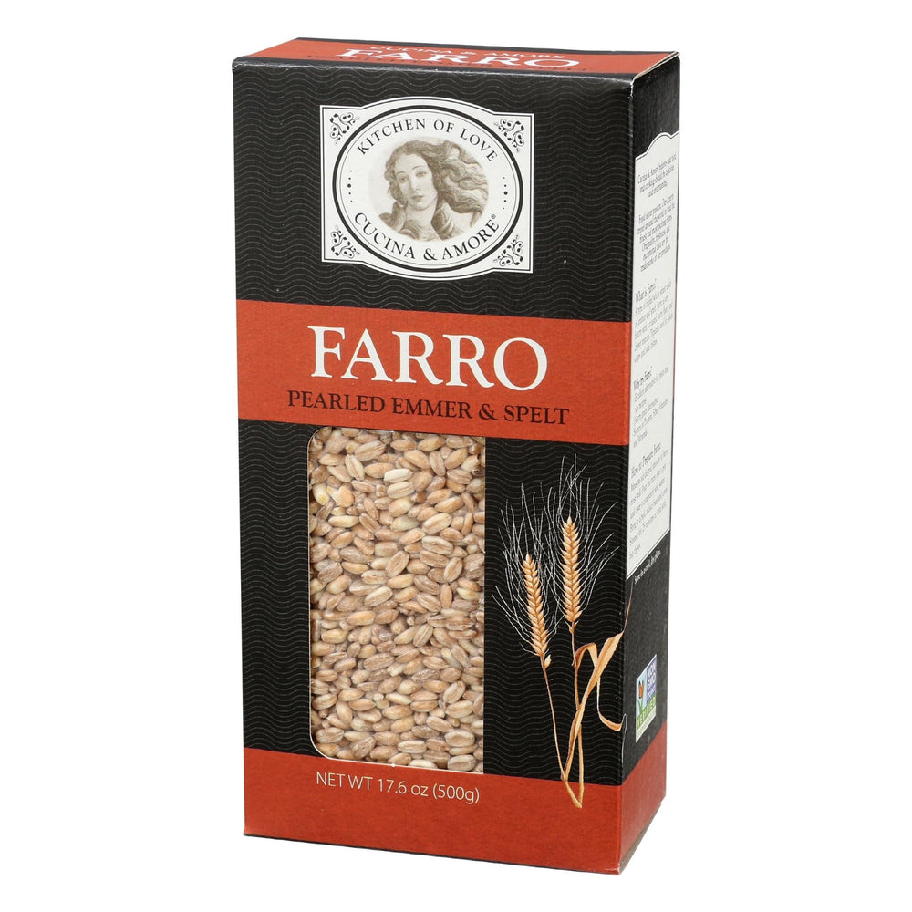 Kitchen countertop with Cucina & Amore farro used in a healthy meal