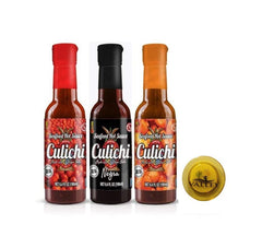 Culichi trio front packaging showing three bottles and magnet, enhances meal versatility