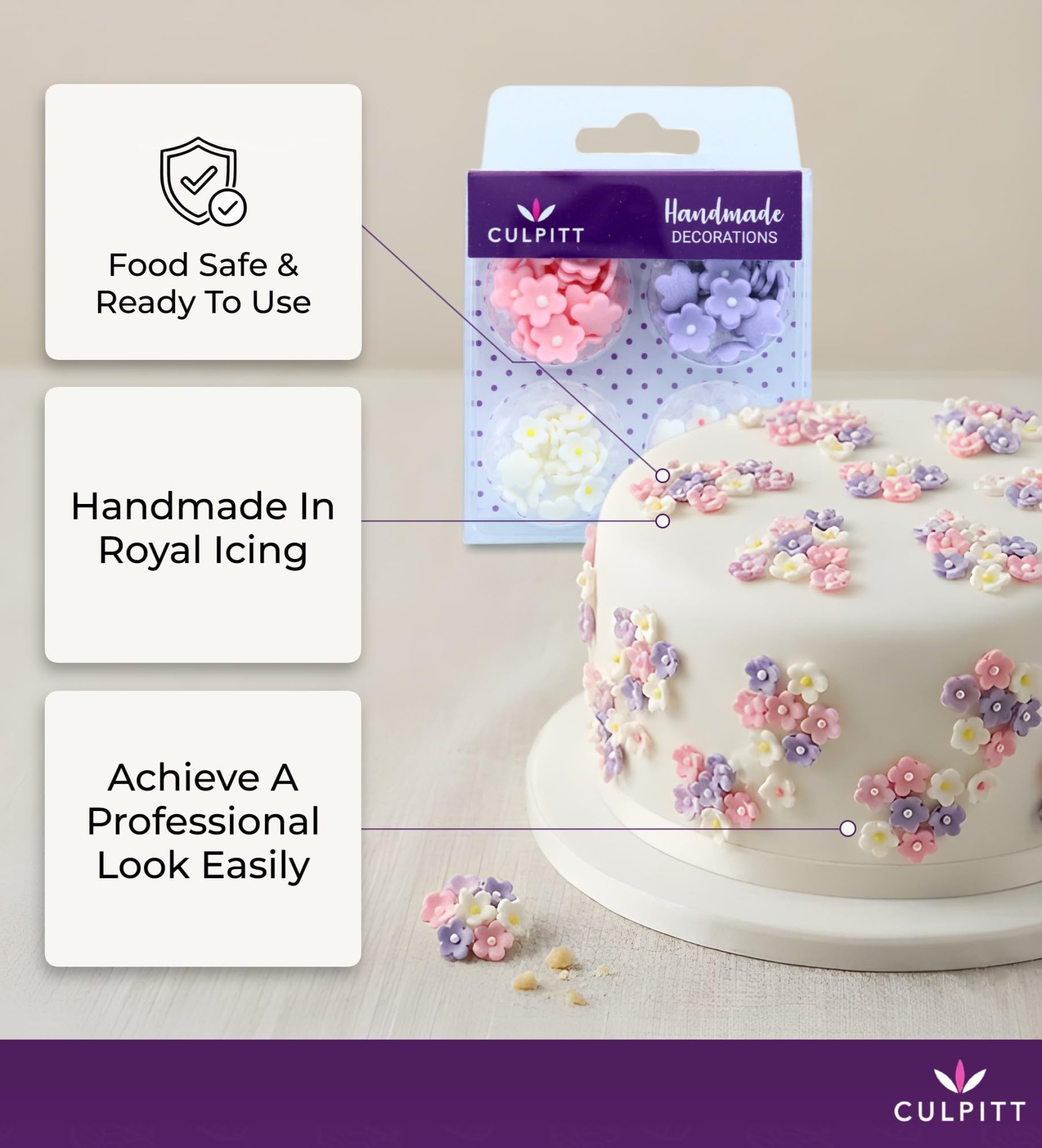 Culpitt close-up of flower texture and royal icing centre, highlights fine detail