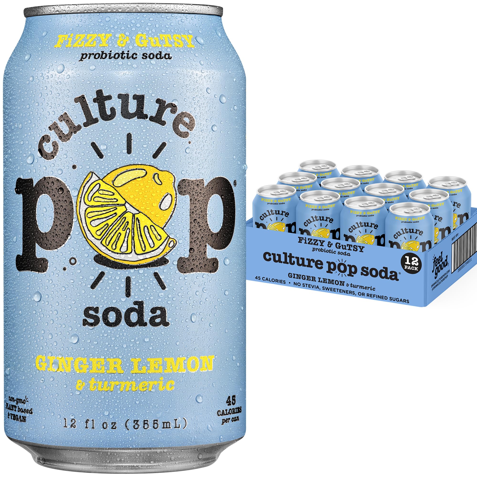 Culture Pop front packaging showing ginger lemon turmeric and probiotic benefit