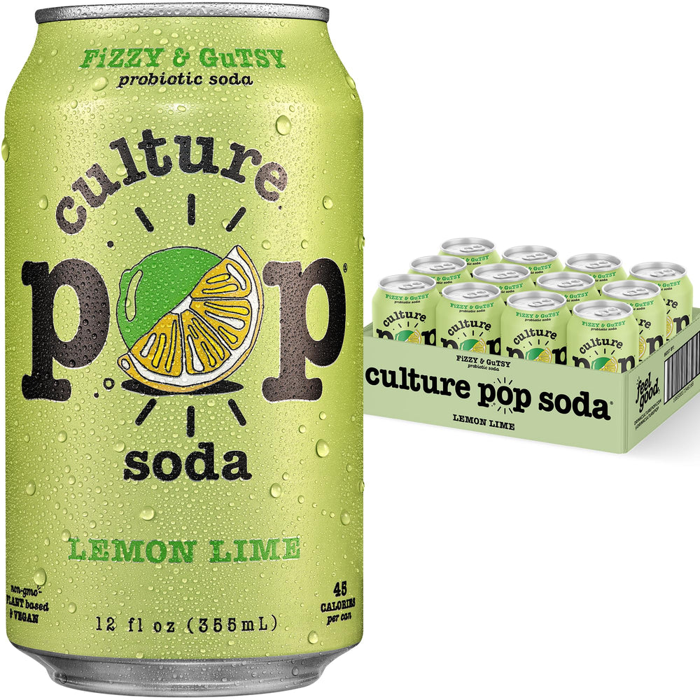 Culture Pop front packaging 12-pack showing lemon lime cans and citrus appeal