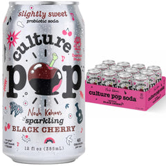Culture Pop front packaging showing bold black cherry branding and benefits