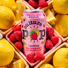 Culture Pop single can close-up displaying raspberry lemonade label and appeal