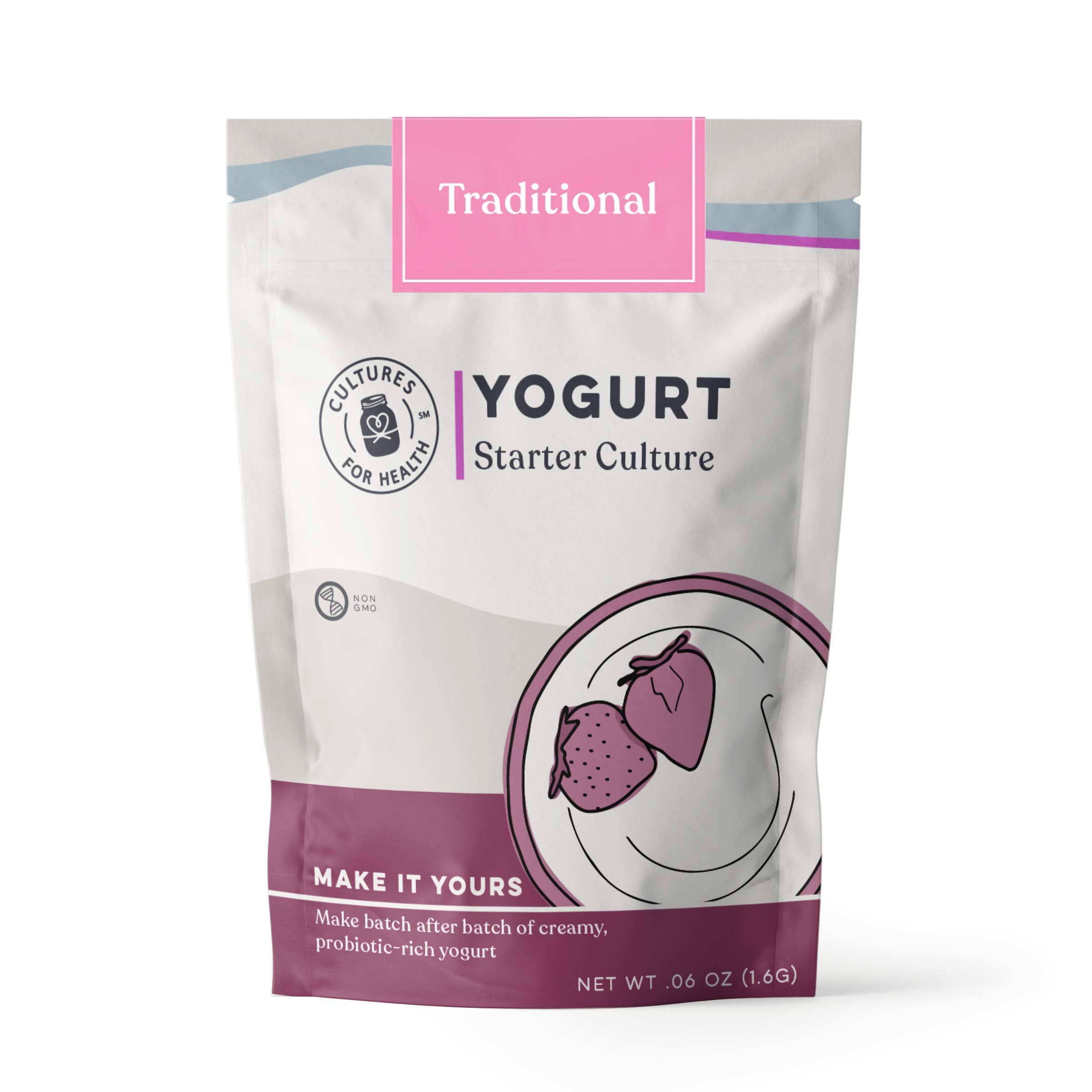 Cultures For Health front packaging showing four sealed starter packets and label benefit