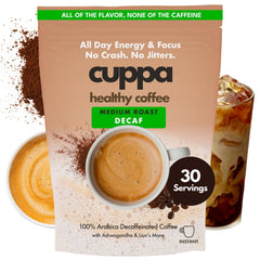 Cuppa Healthy Coffee front packaging showing clean decaf benefits