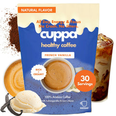 Cuppa Healthy Coffee front jar showing French Vanilla label and servings benefit