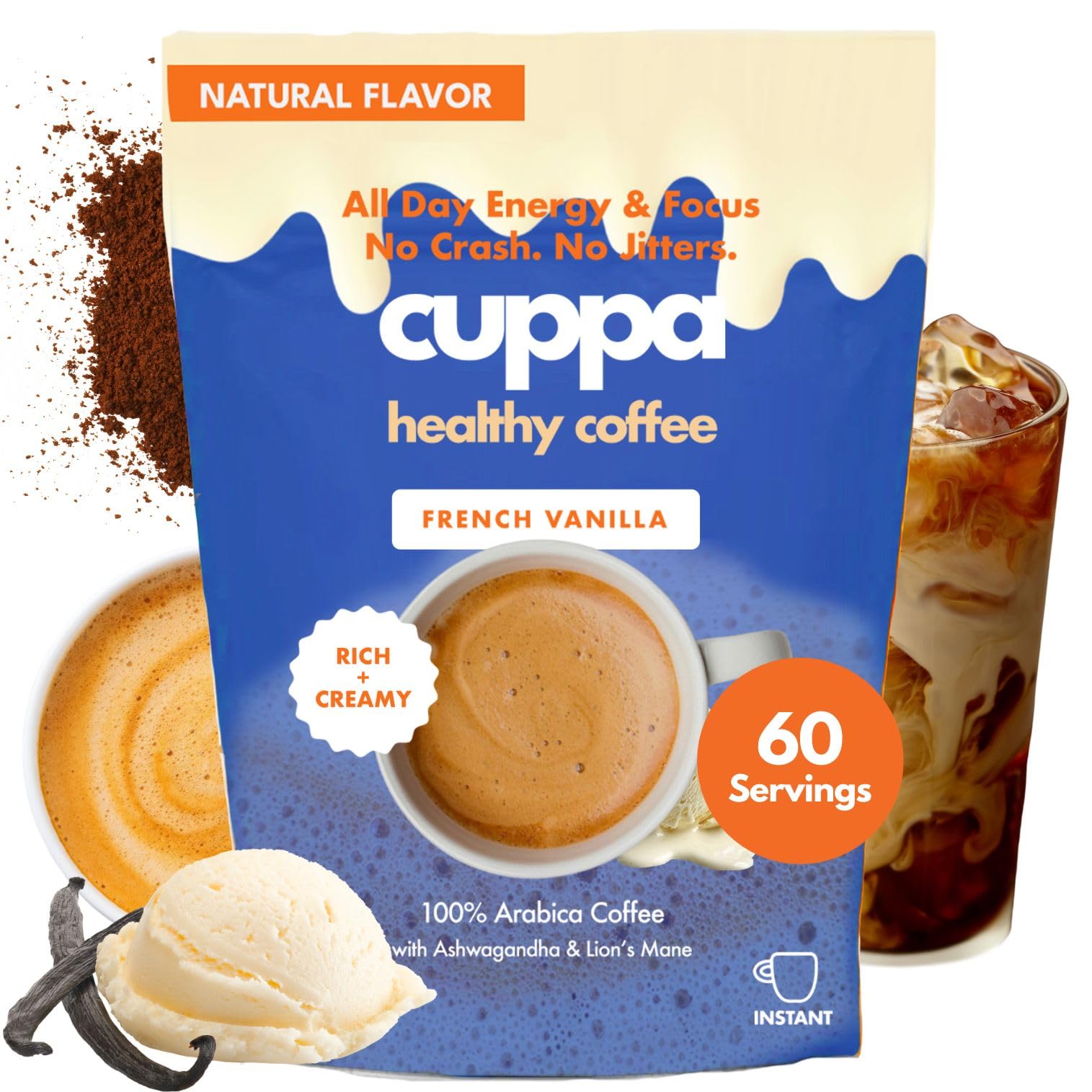Cuppa Healthy Coffee front packaging showing French Vanilla benefits