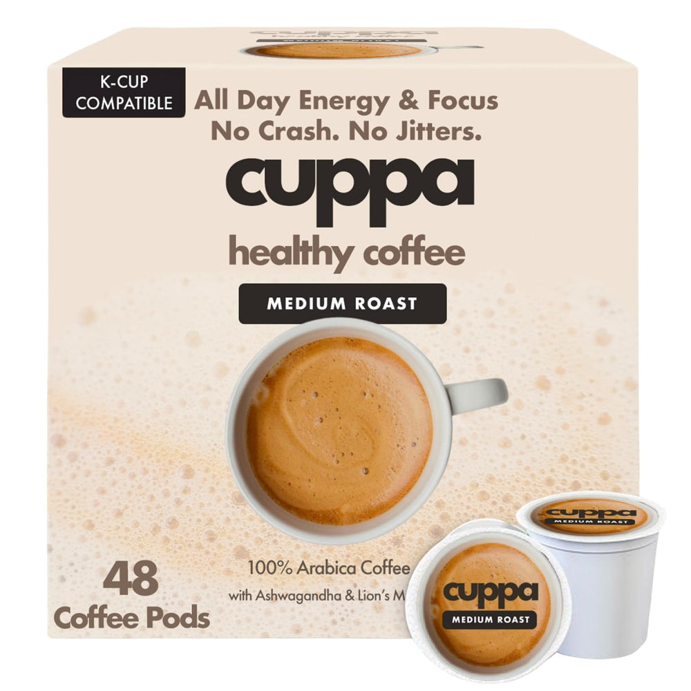 Cuppa Healthy Coffee front packaging showing medium roast pods and benefits