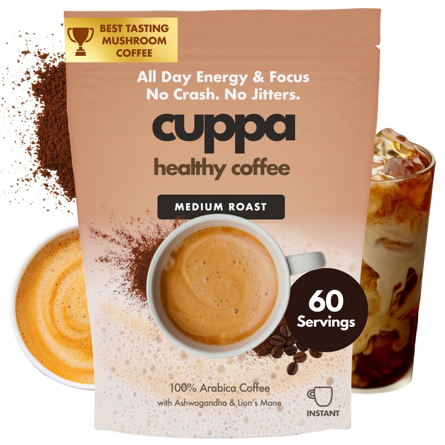 Cuppa Healthy Coffee front packaging showing product benefits and medium roast