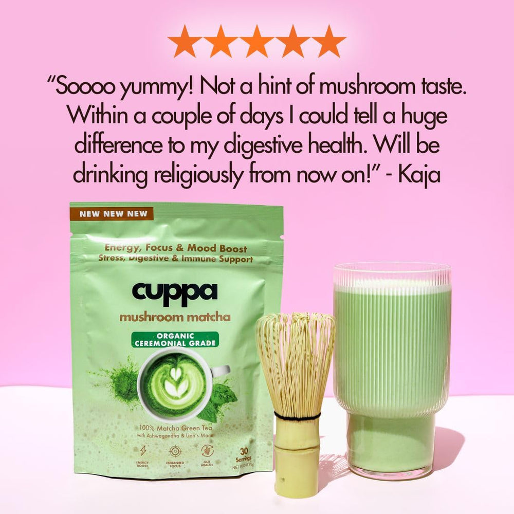 Cuppa Healthy Coffee powder texture close-up highlighting fine ceremonial matcha