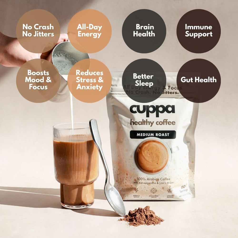 Cuppa Healthy Coffee jar beside measuring scoop indicating 60 servings per container