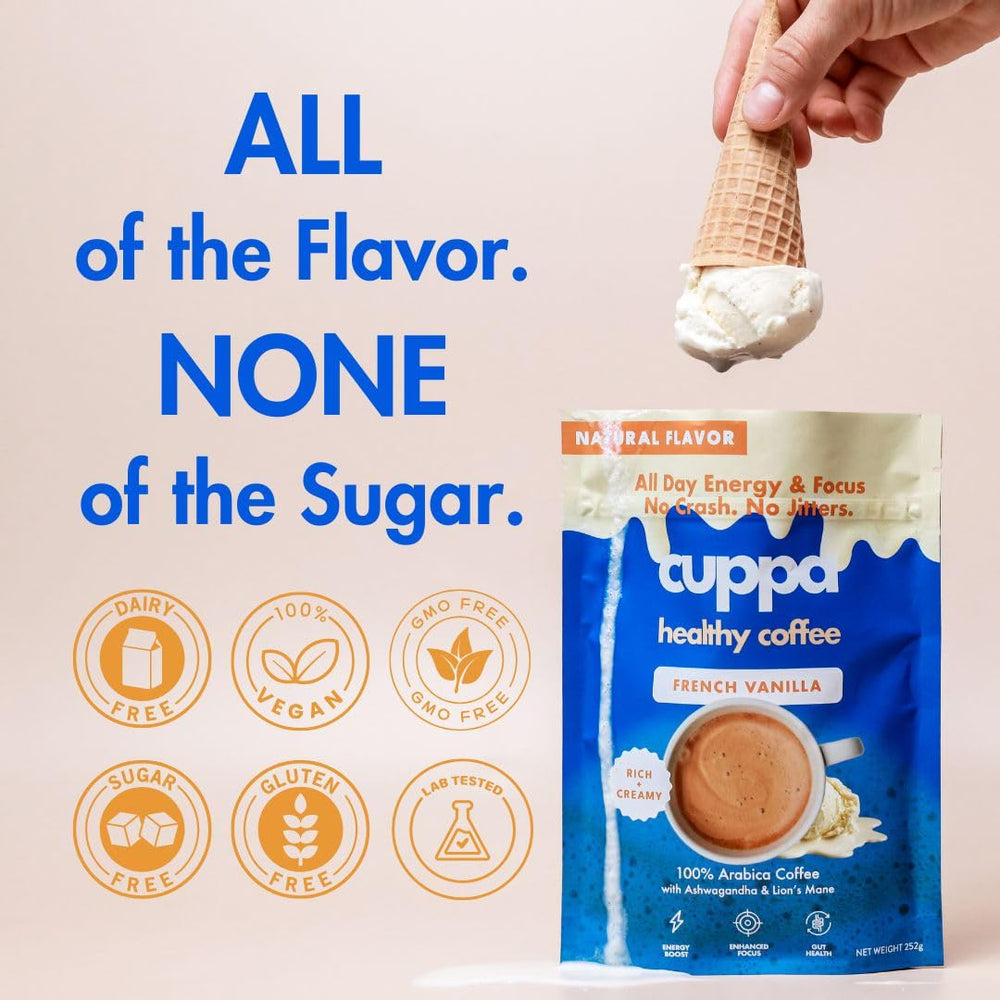Cuppa Healthy Coffee label detail listing mushrooms adaptogens and superfoods