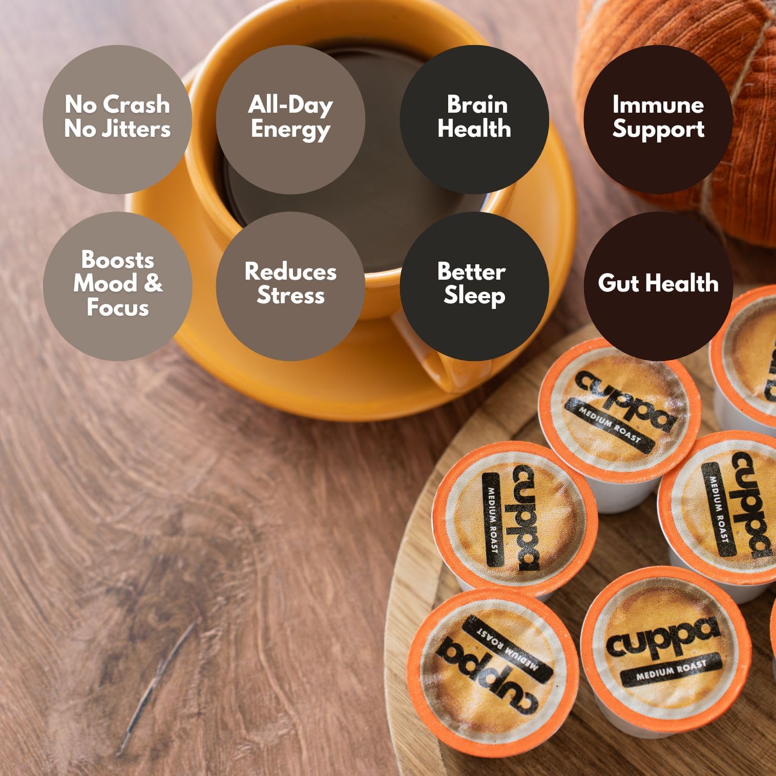 Cuppa Healthy Coffee pods spread with scale comparison showing 48-pod quantity