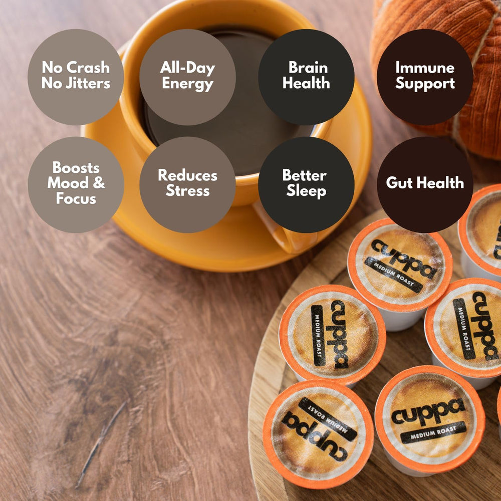 Cuppa Healthy Coffee pods spread with scale comparison showing 48-pod quantity