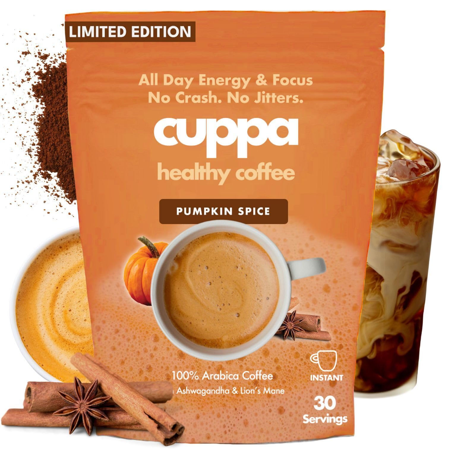 Cuppa Healthy Coffee front packaging showing 30 servings and pumpkin spice label benefit convenience