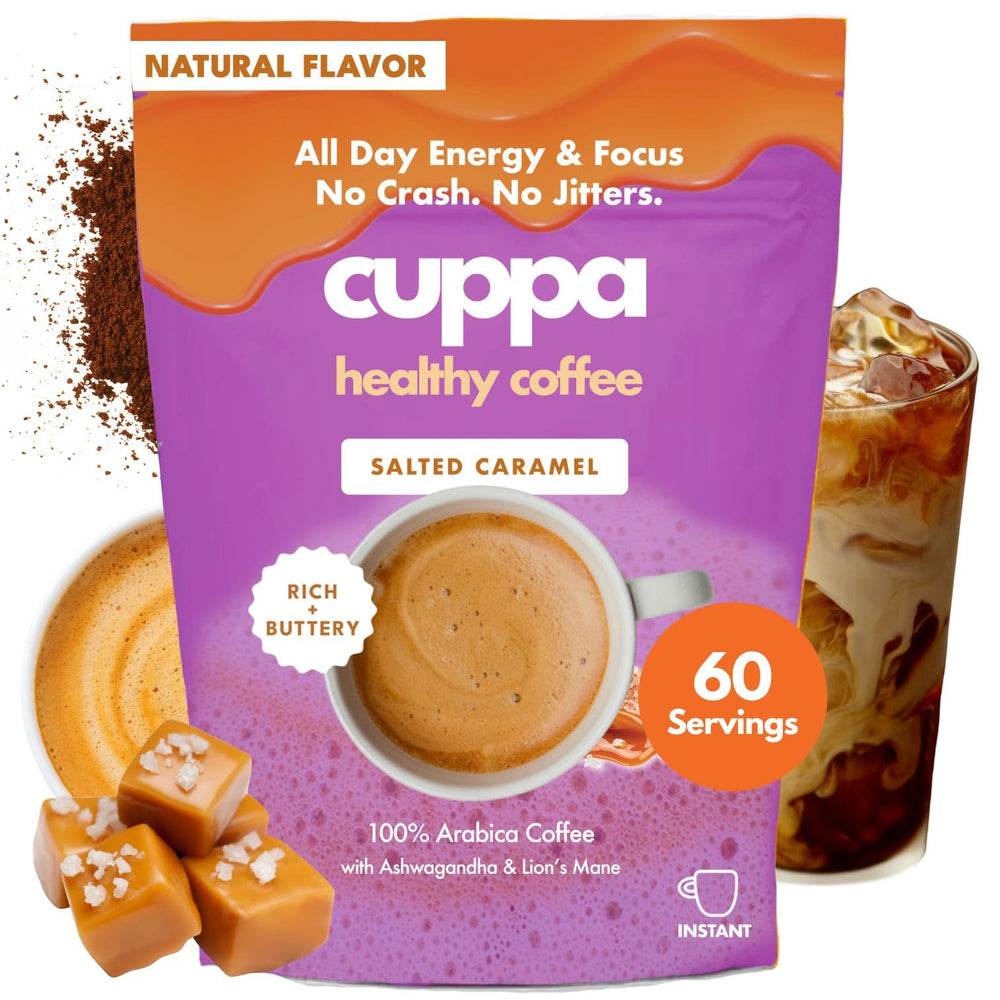 Cuppa Healthy Coffee front packaging showing salted caramel flavor and benefits