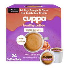Cuppa Healthy Coffee front packaging showing salted caramel flavor benefit