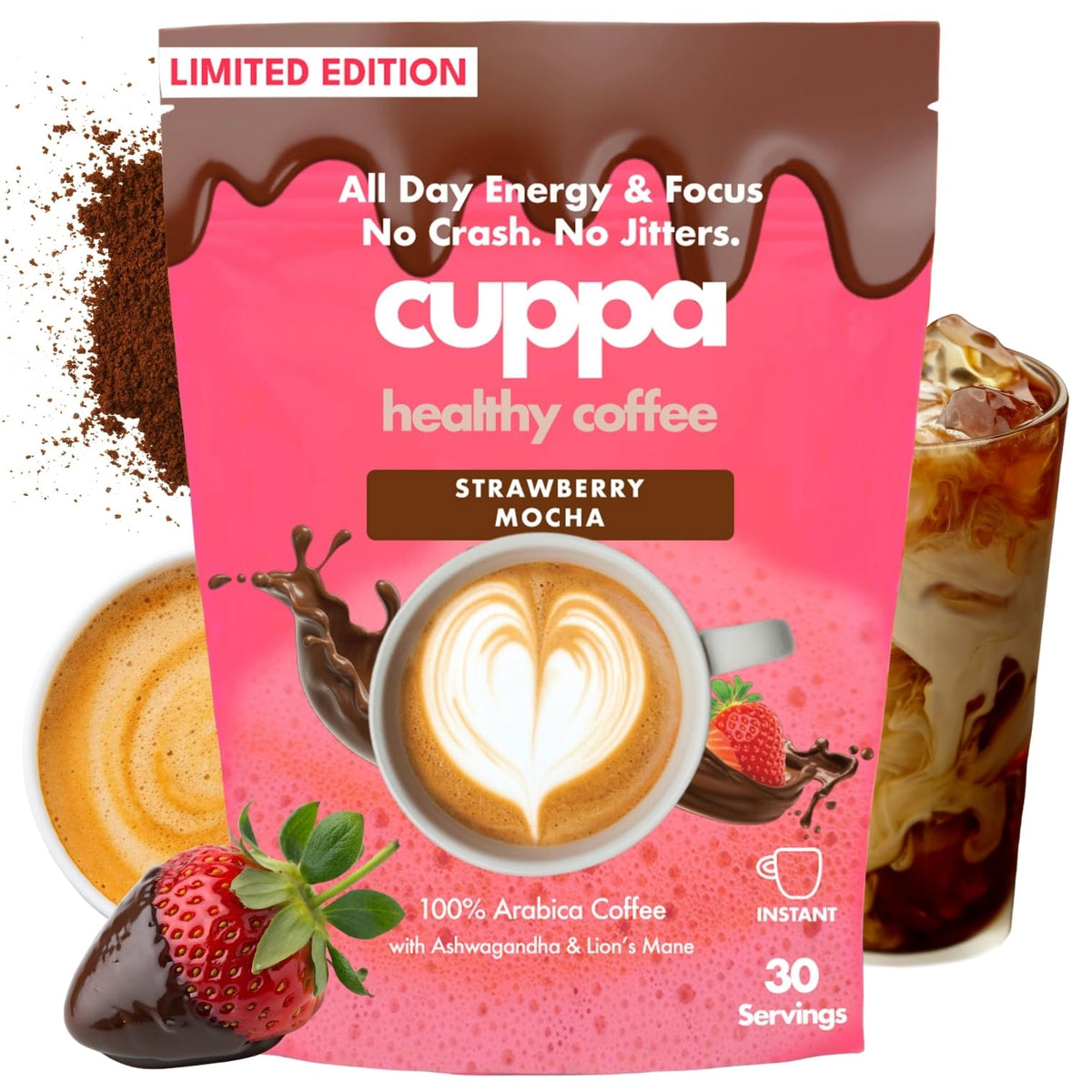 Cuppa Healthy Coffee front packaging showing label and 60 servings benefit