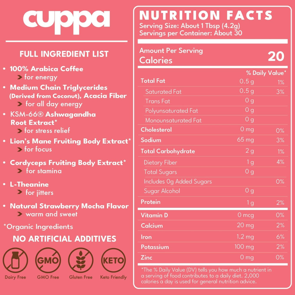 Cuppa Healthy Coffee open tub displaying powder and ingredient blend benefit