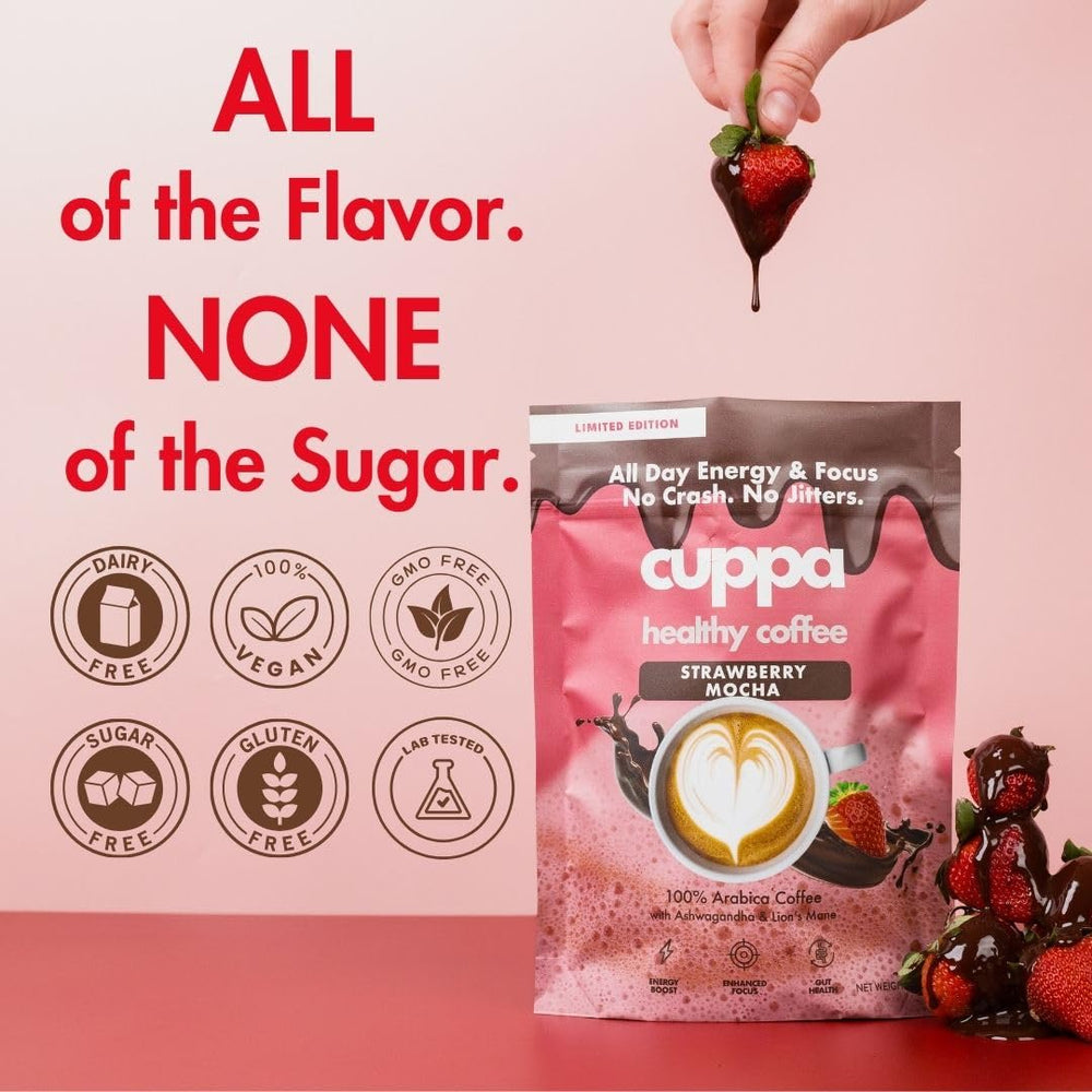 Cuppa Healthy Coffee prepared hot cup showcasing strawberry mocha flavor benefit