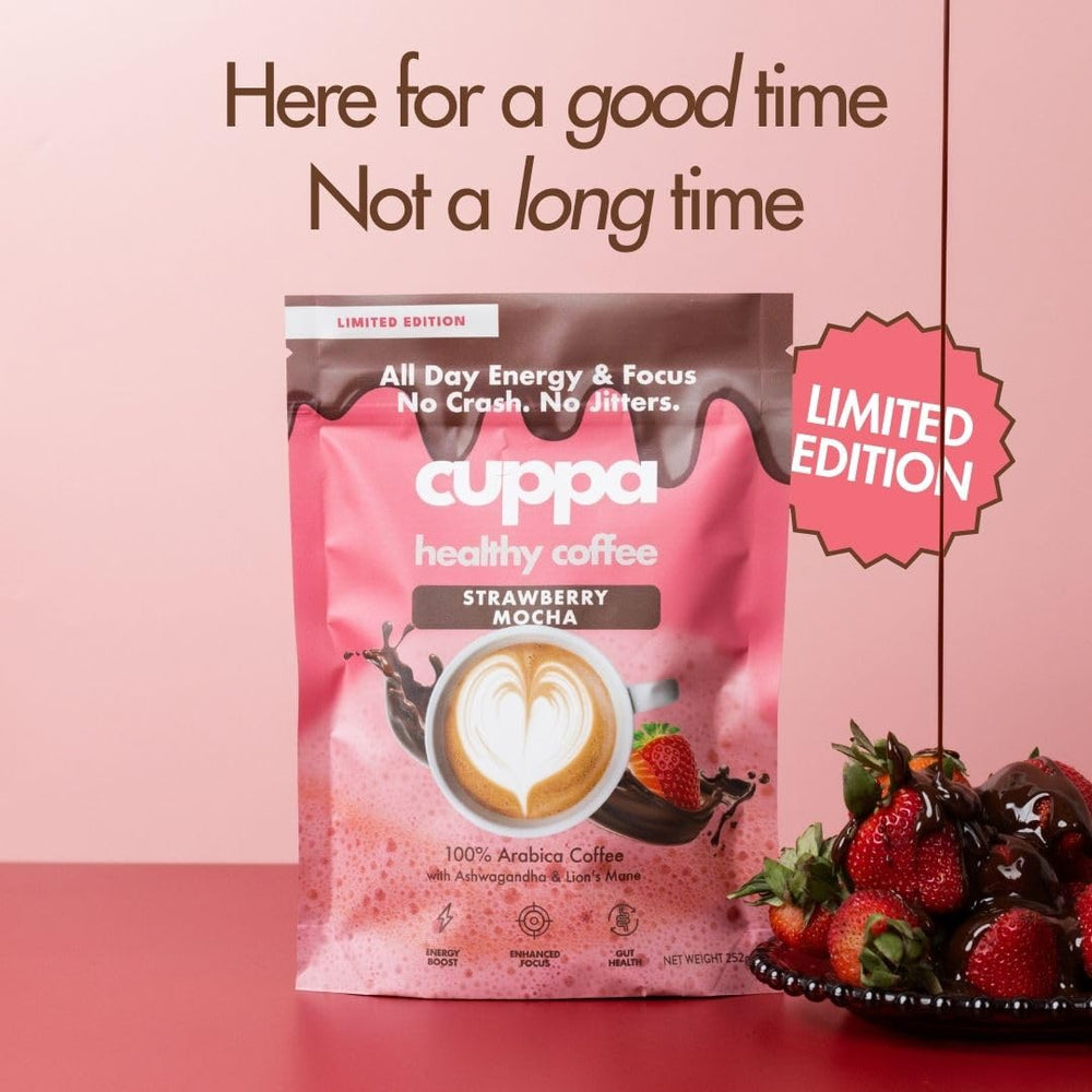 Cuppa Healthy Coffee scoop next to measuring guide showing serving-size convenience benefit