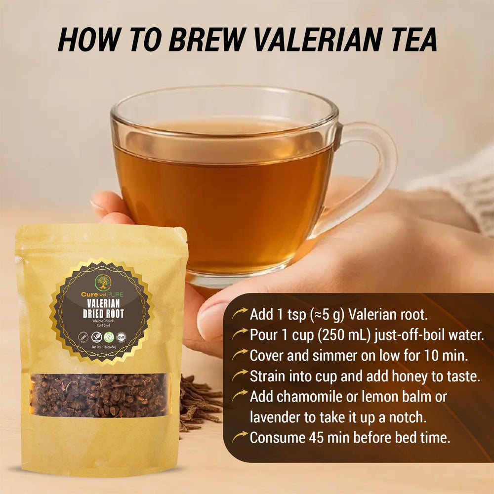 Cure wid Pure brewed valerian cup photo demonstrating rich herbal infusion