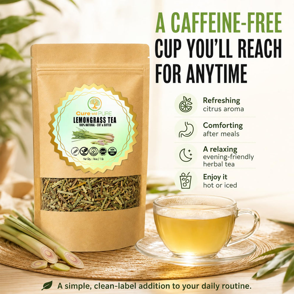Cure wid Pure close-up of cut and sifted lemongrass leaves showing texture and aroma preservation