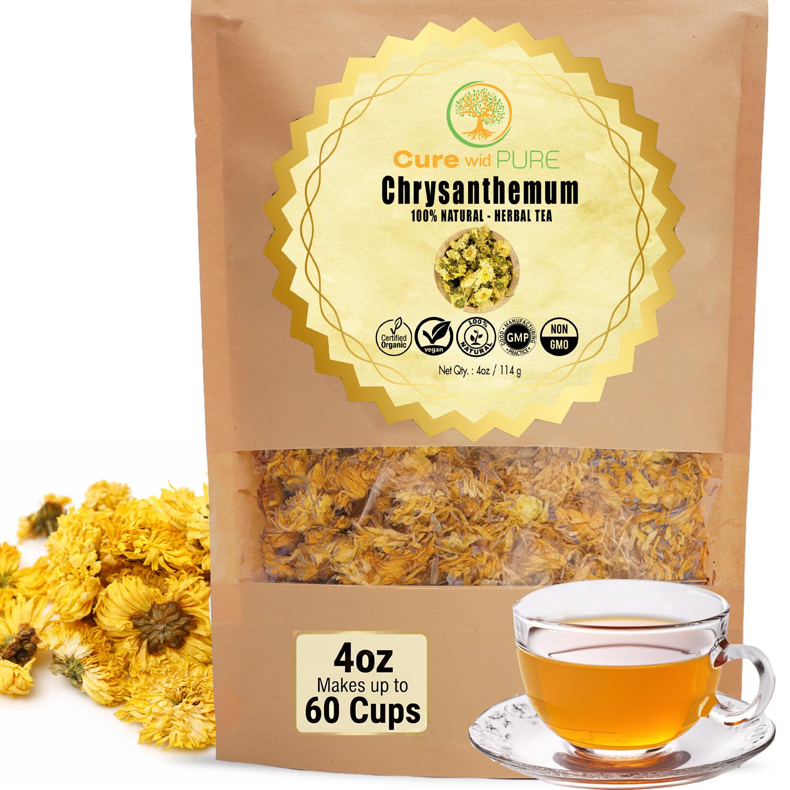 Cure Wid Pure front packaging showing 4oz organic chrysanthemum and resealable bag benefits