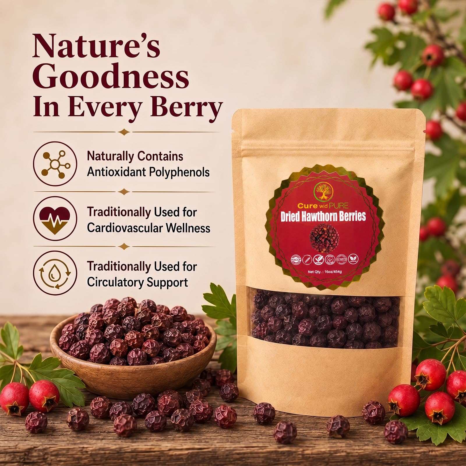 Steaming cup of hawthorn tea by Cure wid Pure illustrating a relaxing, caffeine-free sip