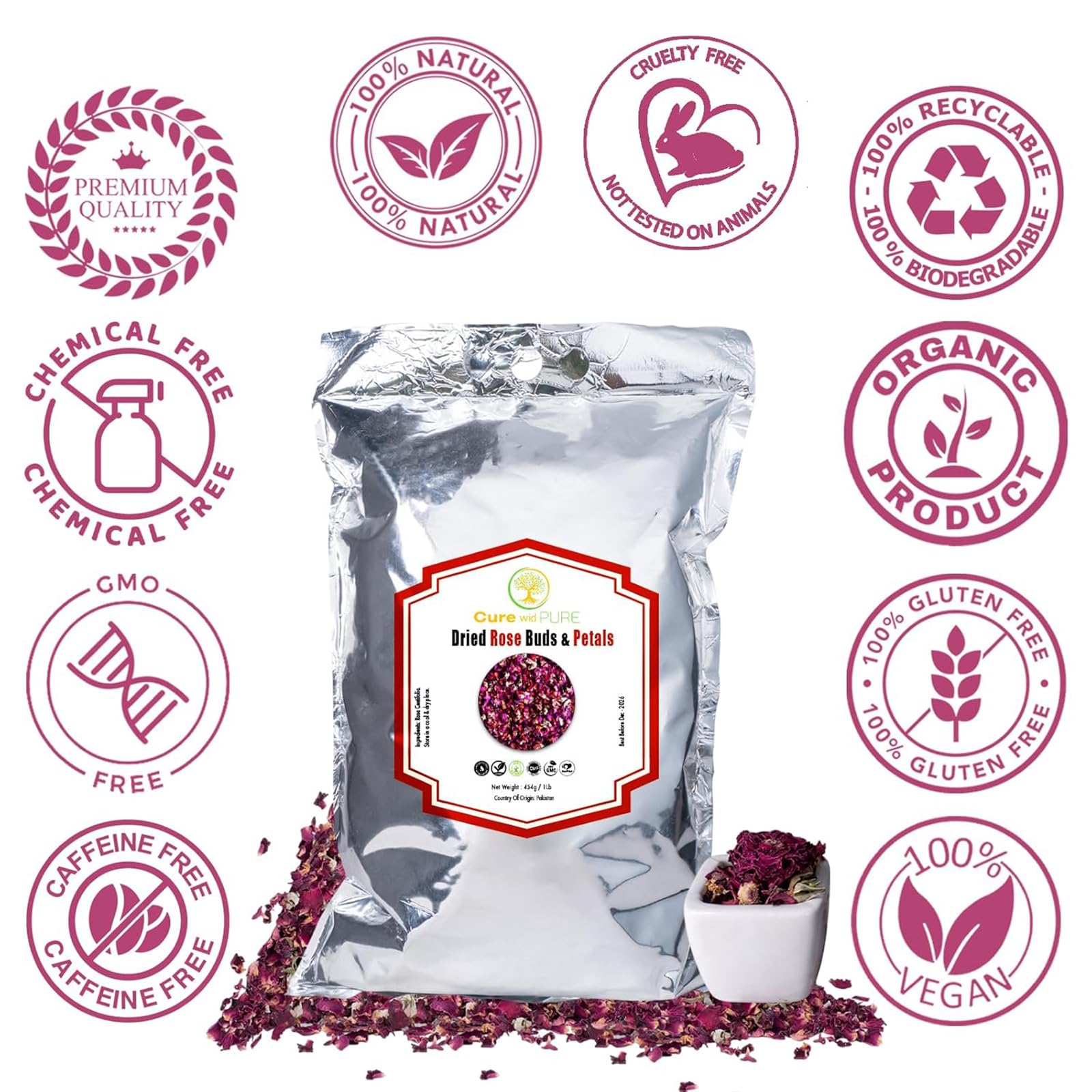 Cure wid Pure open bag displaying dried rose petal texture and natural color