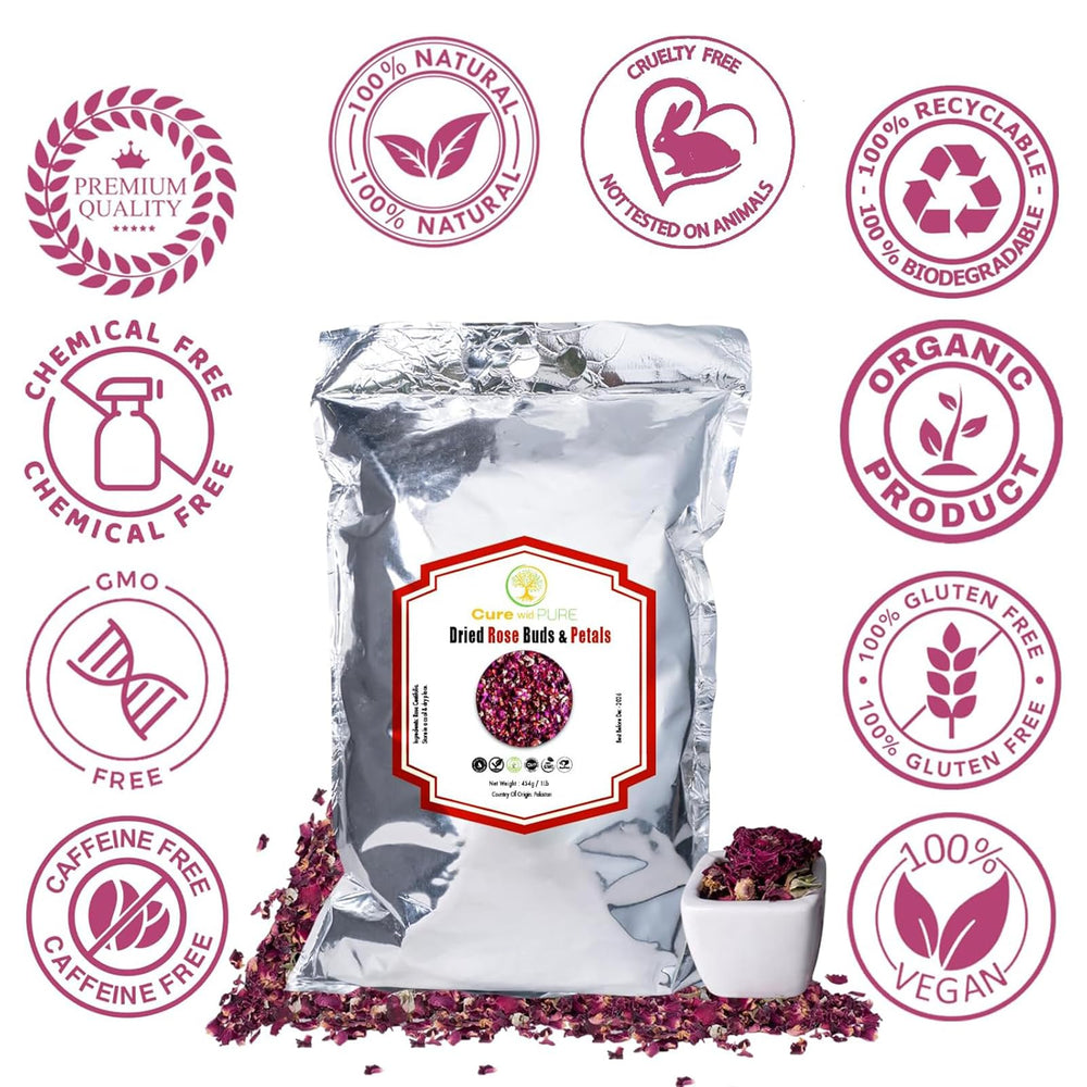 Cure wid Pure open bag displaying dried rose petal texture and natural color